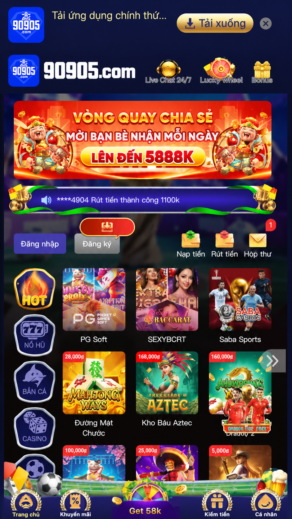 Sảnh game 90905: Nổ Hũ, Bắn Cá, Live Casino